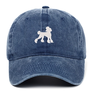 Close-up of navy washed cotton baseball cap with white poodle silhouette embroidery