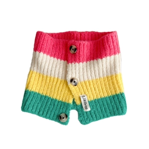 Striped knit neck warmer with brown buttons and colorful horizontal patterns