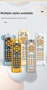 Detailed 3D render of five animal-shaped baby TV remote toys with interactive buttons