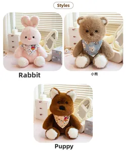 Detailed plush texture of pink rabbit, brown bear and puppy wearing printed bandanas