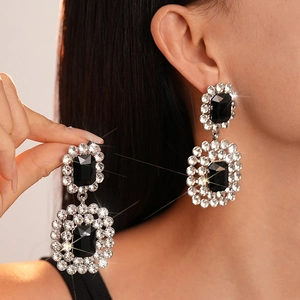 Geometric Drop Earrings Alloy Rhinestone Rectangular Vintage Luxury Sparkling For Women With Silver Earring Post