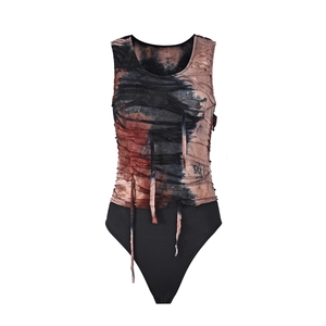 Detail of a sleeveless bodysuit with reddish-brown tie-dye print and pleated texture