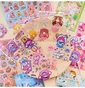 Detail showing cartoon PET stickers with die-cut shapes for scrapbooking and decoration