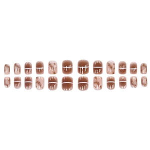 Short brown marble press-on toe nails with white lines, 24 pieces gloss finish set
