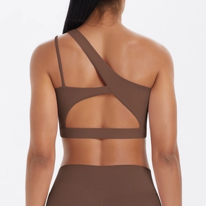Dark brown one-shoulder sports bra with back cutout for yoga and fitness training