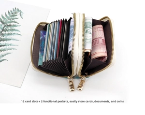 Detail view of double zipper card holder with 12 accordion slots and functional pockets