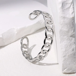 Bracciale rigido aperto in acciaio inossidabile argento con design a catena su pietra