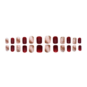 Unghie finte bordeaux e marmo beige con glitter, forma quadrata corta e arrotondata