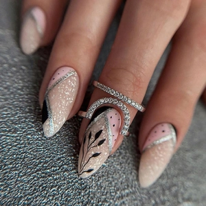 Almond Press On Nails Pink Black Glitter Leaf Pattern Geometric Line Glossy Long Artificial Finger Nails For Women