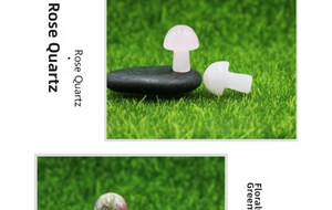 Close-up of mini rose quartz and unakite stone mushrooms for decorative landscaping