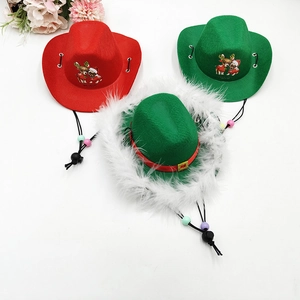 Christmas pet cowboy hats in red and green felt with adjustable elastic drawstrings