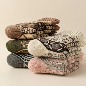 Five pairs of thick wool socks with ethnic patterns in warm autumn and winter colors