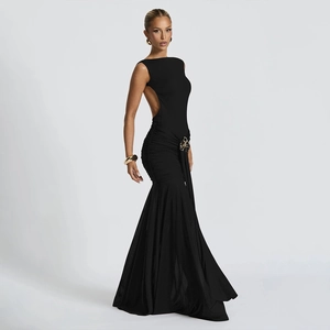Sexy black sleeveless backless maxi dress with pleated bodice and fisheye hemline