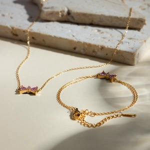18K gold plated stainless steel jewelry set with pink bow zircon necklace and bracelet