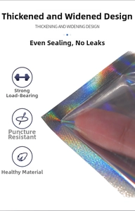 Close-up of holographic laser resealable bags showing thick edges and puncture resistance