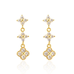 925 Sterling Silver Drop Earrings Triple Four Leaf Clover Flower Dangle Sparkling Zircon Elegant Jewelry For Women