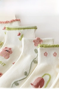 Detailed view of high-count yarn knitting and tulip embroidery on soft cotton socks