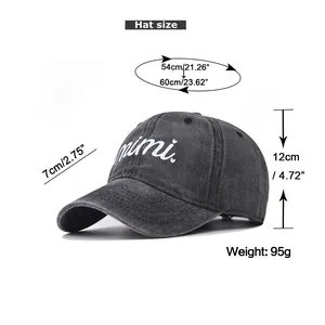 Detailed size chart for washed cotton baseball cap showing brim and circumference metrics