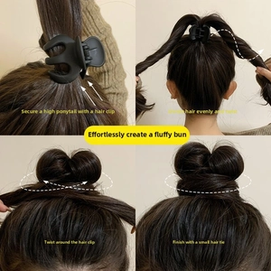 Step-by-step tutorial for high ponytail styling using a matte black hair claw clip