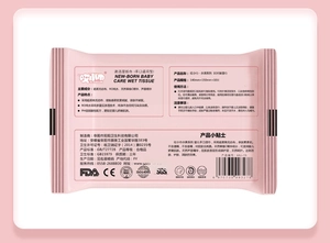 Detail view of baby wet wipes packaging back showing ingredients and FDA certification