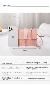 Size chart for small pink square bag showing dimensions 17x5x12.5cm and phone fit detail