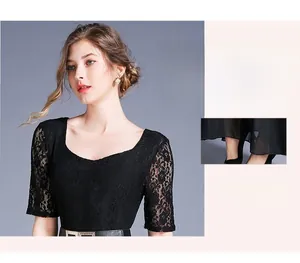 Detail of elegant black lace mid-sleeve top with floral crochet and slim fit design