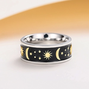 Sun Moon Star Celestial Band Ring Stainless Steel Enamel Drip Oil Vintage Mystical Jewelry For Men Women