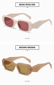 Detail view of square sunglasses in beige and brown with wide geometric temples