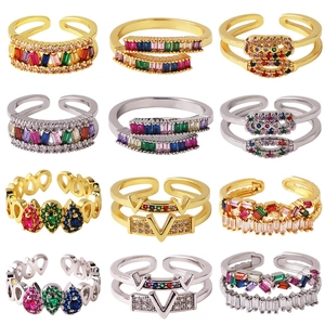 Geometric Zircon Ring Brass 18K Gold Plated Colorful Rhinestone Adjustable Open Design Luxury Trendy Style Women Jewelry