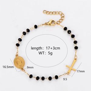 Vintage gold-plated stainless steel beaded bracelet with oval cross and Guadalupe charm