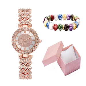 Elegant rose gold rhinestone watch set with marble bead bracelet in a pink gift box