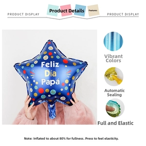 Star-shaped blue foil balloon for Father's Day with Feliz Día Papá text and polka dots
