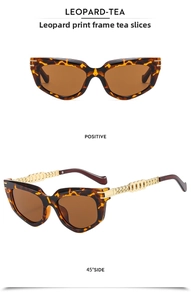 Detailed view of leopard cat-eye sunglasses featuring golden hollow chain metal temples