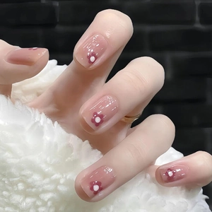 Short Square Press On Nails Pink Translucent Glossy Resin Fake Nails With Red Flower Pattern For Girls Women