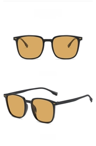 Detail of square black sunglasses with brown lenses showing front and 45-degree side views