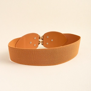 Detail view of elastic waist belt featuring a gold metal buckle and brown leather trim