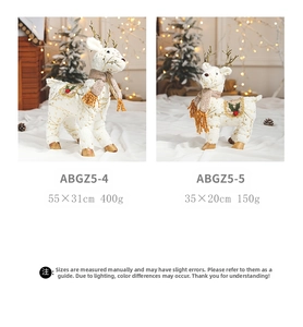 Detail of plush reindeer Christmas decor with gold snowflakes and size dimensions
