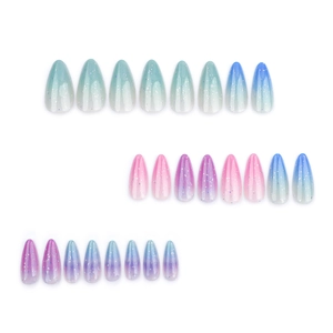 Almond shaped gradient press-on nails with fine glitter in green, pink, and blue tones