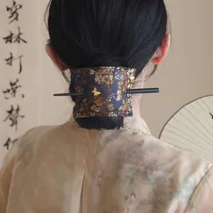 Neo-Chinese Style Fabric Brocade Embroidered Flower Hair Stick Vintage Butterfly Hairpin Elegant Wooden Chignon Hair Accessory For Women