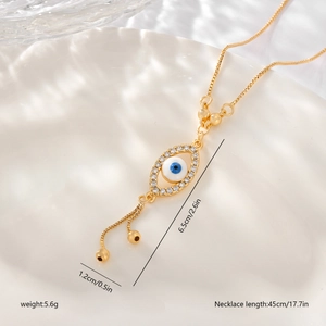 Evil eye necklace with zircon pendant and gold chain, product dimensions and weight details