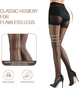 Detailed view of sheer black back seam pantyhose with high elasticity and breathable texture