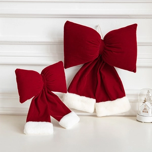 Christmas Bow Ornaments Red Velvet With White Faux Fur Trim Hanging Decorations For Tree Home Mall Party Festive Style