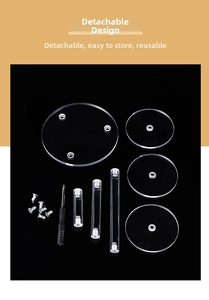 Clear acrylic display stand parts kit including round plates, rods, and assembly tools
