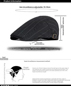 Guide des tailles pour béret en coton respirant avec tour de tête réglable de 55-59 cm