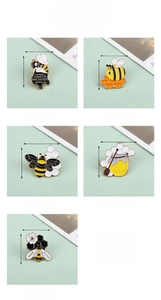 Detailed view of bee enamel pins showing sizes and weights of five cute cartoon badges