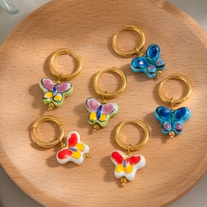 Butterfly Hoop Earrings Stainless Steel Gold Plated Colorful Enamel Charms Waterproof Hypoallergenic Jewelry For Women