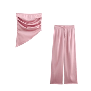 Haut Bustier Et Pantalon Large Satin Texture Satin Plissé Élégant Sexy Rose Tenues Décontractées Femmes