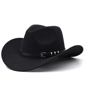 Close-up of black western cowboy hat featuring wool felt texture and thin leather strap
