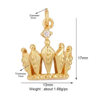 Golden crown pendant with micro-set zircon stone and detailed dimensions on white background
