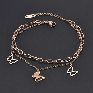 Double-layered rose gold stainless steel bracelet featuring hollow butterfly charms